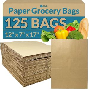 imageReli Paper Grocery Bags 125 Pcs Bulk 12x7x17 70 Lbs Basis Extra Heavy Duty  Brown Paper Bag Large Grocery Kraft Sacks Takeout Restaurant Retail Shopping