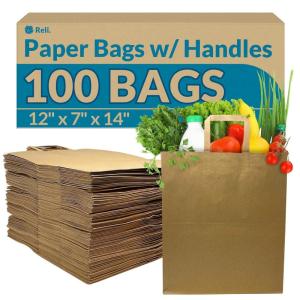 imageReli Paper Grocery Bags wHandles 100 Pcs Bulk12quotx7quotx14quot Large Paper Grocery Bags with Handles  Heavy Duty 57 Lbs Basis  Shopping TakeoutTo Go Retail BrownKraft