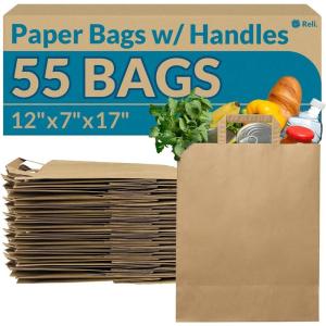 imageReli Paper Grocery Bags with Handles  55 Pcs Bulk  12quotx7quotx17quot  Kraft Brown Paper Bags Large  Use for Grocery TakeOut Restaurant Retail Shopping
