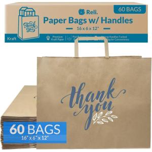 imageReli Paper Shopping Bags wHandles  60 Pcs  Large 16quotx6quotx12quot  Kraft Brown Paper Bags with Handles  Printed Thank You Large  Take OutTo Go Retail Shopping Tote Restaurant Grocery