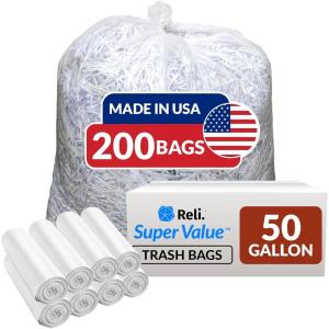 imageReli Premium 50 Gallon Trash Bags  200 Count  Made in USA  Heavy Duty  Bulk  SuperValue  Clear MultiUse Garbage Bags