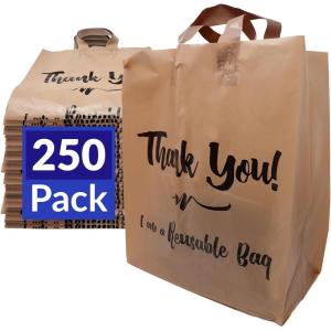imageReli Reusable Thank You Bags  250 Pack Bulk  2 Mil  BrownKraft Shopping Bags with Handles  Take outToGo  Food Grocery Retail  12quot L x 675quot W x 14quot H  SelfStanding Gusset Plastic