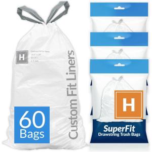 imageReli SuperFit Code H 60 Count  Compatible with Simplehuman Code H  Dispenser Pack Custom Fit Liners  Drawstring Trash Bags  3035 Liter  89 Gallon  White