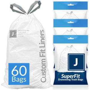 imageReli SuperFit Code J 60 Count  Compatible with Simplehuman Code J  Dispenser Pack Custom Fit Liners  Drawstring Trash Bags  3045 Liter  812 Gallon  White