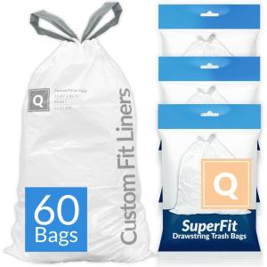 imageReli SuperFit Code Q 60 Count  Compatible with Simplehuman Code Q  Dispenser Pack Custom Fit Liners  Drawstring Trash Bags  5065 Liter  1317 Gallon  White
