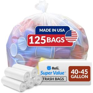 imageReli SuperValue 4045 Gallon Trash Bags Heavy Duty  125 Trash Bags  Super Sizeable for Serious Garbage Cleanup Clear