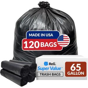 imageReli SuperValue 65 Gallon Trash Bags  120 Count  Made in USA  Heavy Duty  Bulk  Black MultiUse Garbage Bags