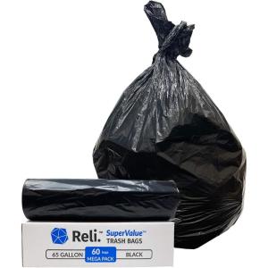 imageReli SuperValue 65 Gallon Trash Bags  60 Count  Made in USA  Heavy Duty  Black MultiUse Garbage Bags