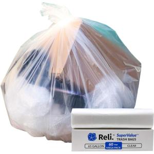 imageReli SuperValue 65 Gallon Trash Bags  60 Count  Made in USA  Heavy Duty  Clear MultiUse Garbage Bags