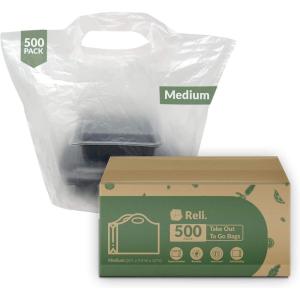 imageReli Take OutTo Go Bags 500 Count Bulk Medium 20quot L x 95quot W x 12quot H White Carry Out Shopping Bag Die Cut Handle Square Bottom Reusable  Food Service Restaurant Catering Delivery