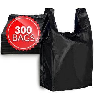 imageReli Tshirt Bags 300 Count Black 115quot x 65quot x 21quot  Black Plastic Bags Plain  Grocery Shopping Restaurants