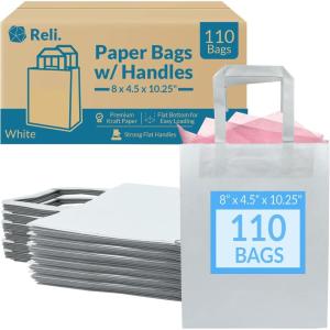 imageReli White Paper Bags  110 Pcs Bulk  8quotx45quotx1025quot  White Paper Bags With Handles  Kraft Small Gifts Shopping Retail Merchandise