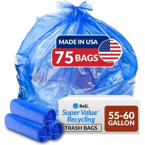 imageReli SuperValue 5560 Gallon Recycling Bags  75 Count  Blue Trash Bags  Made in the USA