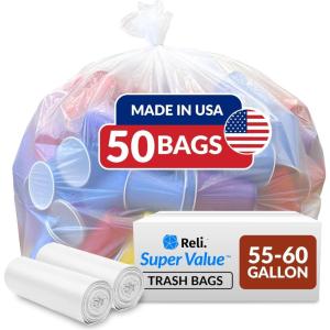 imageReli SuperValue 5560 Gallon Trash Bags  50 Count  Made in USA  Heavy Duty  Clear MultiUse Garbage Bags