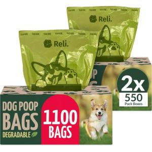 imageReli Biodegradable Dog Poop Bags 1100 Pack 2 Large Rolls  9quotx13quot Large Poop Bags for Dogs  Unscented Leak Proof Oxobiodegradable Pet Waste Clean Up  Green EcoFriendly  Dispenser Box
