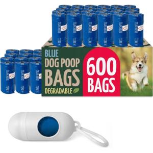 imageReli Biodegradable Dog Poop Bags Rolls 600 Pack 40 Rolls  9quotx13quot Poop Bags for Dogs  Unscented Leak Proof Oxobiodegradable Pet Waste Clean Up  Blue  Leash Clip Holder Included