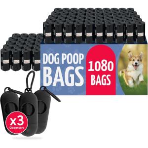 imageReli Dog Poop Bags Rolls 1080 Pack 72 Rolls  9quotx13quot Poop Bags for Dogs  Unscented Leak Proof for DoggiePet Waste Clean Up  Black  3 Leash Clip Holders Included  Bulk