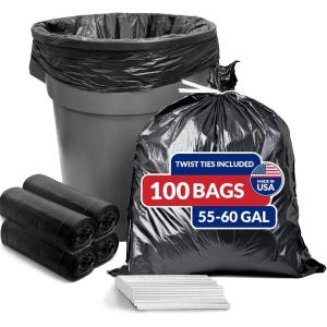 imageReli 55 Gallon Trash Bags Heavy Duty 100 Count  Black  Twist Ties Included  Extra Tough LeakProof Garbage Bags  Ideal for Large Clean Ups
