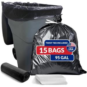 imageReli 95 Gallon Trash Bags Heavy Duty 15 Count  Black  Twist Ties Included  Extra Tough LeakProof Garbage Bags  Ideal for Large Clean Ups