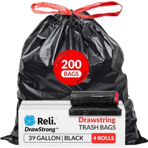 imageReli 39 Gallon Trash Bags Drawstring 200 Count Bulk Large 39 Gallon Heavy Duty Drawstring Trash Bags  Black Garbage 39Gal Capacity Lawn Leaf 39Gal1 Count Pack of 200