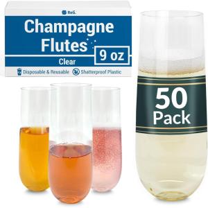 imageReli Champagne Flutes Plastic 50 Pack 9oz Clear Stemless  Disposable Mimosa Glasses for Champagne Mimosa Cocktail WeddingParties  BPAFree Plastic Champagne Flutes Shatterproof Cups