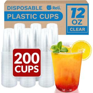 imageReli Plastic Cups 12 oz 200 Pack  Clear Plastic Cups Disposable  PET Clear Disposable Bulk  12 oz PET Containers for Iced Coffee Smoothies Cold Drinks Party