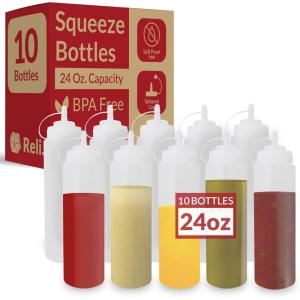 imageReli Plastic Squeeze Bottles 24 oz  10 Pack  Condiment Squeeze Bottles for Sauces  Clear wTethered Caps  24 Ounce Hot Sauce Ketchup  Condiments Olive Oil Liquids