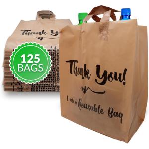 imageReli Reusable Thank You Bags  125 Pack 2 Mil  BrownKraft Shopping Bags Plastic  12quot L x 675quot W x 14quot H  Ideal for Groceries Retail Food Take OutTo Go Small Business
