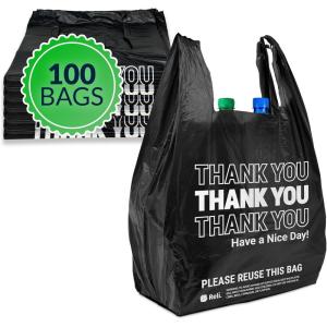 imageReli Thank You Plastic Bags  100 Pack  115quot x 65quot x 21quot Black  Plastic Bags with Handles  Ideal for Grocery Shopping Food Take Out Restaurants Small Business