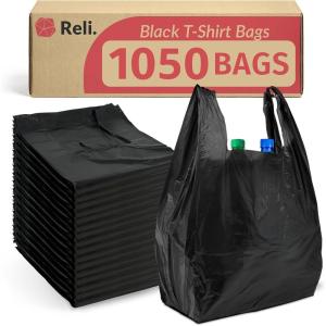 imageReli Tshirt Plastic Bags  1050 Pack  Black Plastic Bags with Handles Plain  Ideal for Grocery Shopping Food Take OutTo Go Small Business