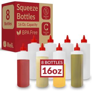 imageReli Plastic Squeeze Bottles 16 oz  8 Pack  Condiment Squeeze Bottles for Sauces  Clear wRed Twist Cap  16 Ounce Hot Sauce Ketchup  Condiments Olive Oil Liquids