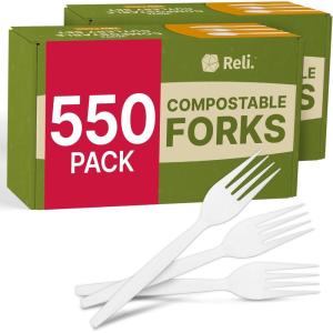 imageReli Compostable Forks 550 Pack  Disposable Utensils Heavy Duty Forks  Compostable Utensils Cutlery for Party Events Party Supplies  BPA Free Cornstarch Composting Flatware White