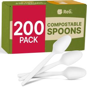 imageReli Compostable Spoons 200 Pack  Soup Spoons Disposable Utensils Heavy Duty  Compostable Utensils Cutlery for Party Hot Food Party Supplies  BPA Free Cornstarch White