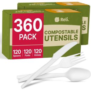 imageReli Compostable Utensils Set 360 Pack  120 Ea Knives ForksSpoons Disposable Utensils Heavy Duty  Compostable Cutlery Set for Party Events  BPA Free CornstarchComposting Flatware White