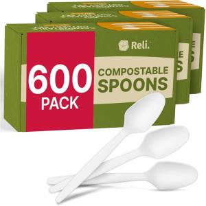 imageReli Compostable Spoons 600 Pack  Soup Spoons Disposable Utensils Heavy Duty  Compostable Utensils Cutlery for Party Hot Food Party Supplies  BPA Free Cornstarch White