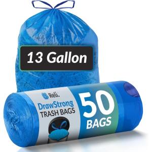 imageReli 13 Gallon Trash Bags Drawstring 50 Count  Tall Kitchen Garbage Bags  Blue Recycling Bags  Unscented 13 Gallon Trash Bags for Kitchen Office Use  Blue Trash Can Liners wDrawstring