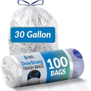 imageReli 30 Gallon Trash Bags Drawstring 100 Count  Clear Recycling Bags  Strong Large Garbage Bags  Unscented 30 Gallon Trash Bags for Home  Heavy Duty Drawstring