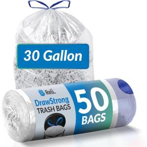 imageReli 30 Gallon Trash Bags Drawstring 50 Count  Clear Recycling Bags  Strong Large Garbage Bags  Unscented 30 Gallon Trash Bags for Home  Heavy Duty Drawstring
