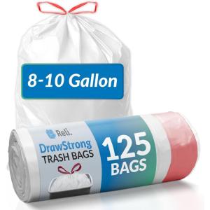 imageReli 810 Gallon Trash Bags Drawstring 125 Count  Small Garbage Bags 10 Gallon  Unscented 8 Gal  9 Gal  10 Gal Trash Bags for Bathroom Office  White Trash Can Liners wDrawstring