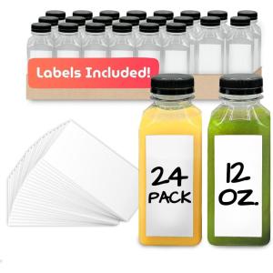 imageReli Plastic Juice Bottles 24 Pack 12 oz Square Plastic Juice Bottles with Caps ampamp Sticker Labels  Clear Empty for Juicing 12oz  Disposable Reusable Containers for Juicing Smoothies