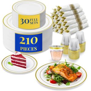 imageReli Plastic Plates for Party  210 Pieces  White wGold Rim  Plates and Napkins Party Supplies  Disposable Dinnerware Set for 30 Guests  Dinner ampamp Dessert Pack PreRolled Gold Cutlery Set Cups