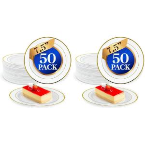 imageReli 50 Pcs Plastic Dessert Plates Disposable 75 inch White wGold Rim  Small Plates for Party Heavy Duty  Hard Plastic for Dessert Wedding Birthday SaladAppetizer 75 Pack of 275 Pack of 2