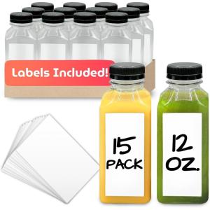 imageReli Plastic Juice Bottles 15 Pack 12 oz Square Plastic Juice Bottles with Caps amp Sticker Labels  Clear Empty for Juicing 12oz  Disposable Reusable Containers for Juicing Smoothies