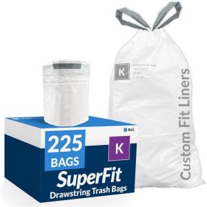 imageReli SuperFit Code K 225 Count  Compatible with Simplehuman Code K  Custom Fit Liners  Drawstring Trash Bags  3545 Liter  912 Gallon  White  Roll Pack