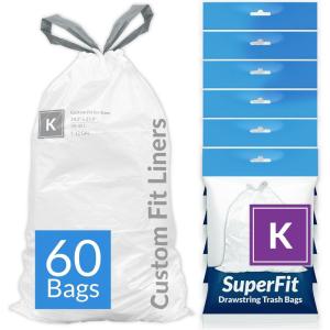 imageReli SuperFit Code K 60 Count  Compatible with Simplehuman Code K  Dispenser Pack Custom Fit Liners  Drawstring Trash Bags  3545 Liter  912 Gallon  White