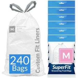 imageReli SuperFit Code M 240 Count  Compatible with Simplehuman Code M  Dispenser Pack Custom Fit Liners  Drawstring Trash Bags  45 Liter  119 Gallon  White