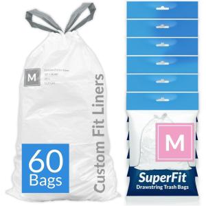imageReli SuperFit Code M 60 Count  Compatible with Simplehuman Code M  Dispenser Pack Custom Fit Liners  Drawstring Trash Bags  45 Liter  119 Gallon  White
