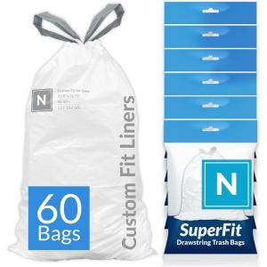 imageReli SuperFit Code N 60 Count  Compatible with Simplehuman Code N  Dispenser Pack Custom Fit Liners  Drawstring Trash Bags  4550 Liter  119132 Gallon  White