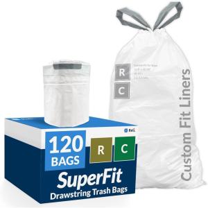 imageReli SuperFit Code RC 120 Count  Compatible with Simplehuman Code RC  Custom Fit Liners  Drawstring Trash Bags  1012 Liter  2632 Gallon  White  Roll Pack