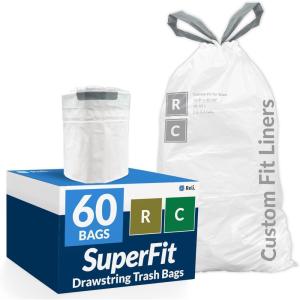 imageReli SuperFit Code RC 60 Count  Compatible with Simplehuman Code RC  Custom Fit Liners  Drawstring Trash Bags  1012 Liter  2632 Gallon  White  Roll Pack
